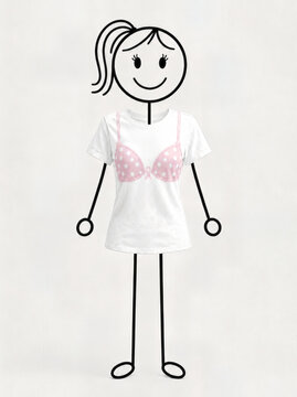 A stick-figure girl with a ponytail is wearing a pink and white polka-dot brassiere featuring a pink ribbon for breast cancer awareness, isolated on a white background