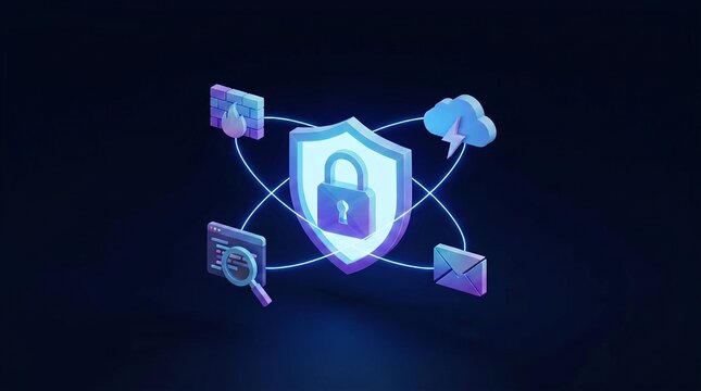 3D cyber security shield with padlock surrounded by connected firewall cloud search and email icons on dark background