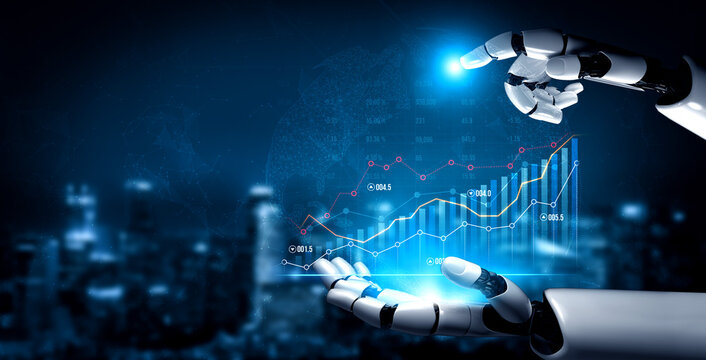 A futuristic robot hand interacts with vibrant data visualizations showcasing graphs and analytics in a modern digital environment, symbolizing advanced technology. Scalp