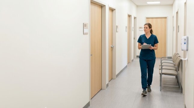 Female nurse in blue scrubs walking down a clinic hallway. Healthcare professional holding clipboard in hospital corridor