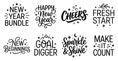 Fototapeta premium Set of eight hand drawn black typography quotes for new year celebration and positive life goals design Minimal Typography text bundle collection. Editable Vector Illustration Mega pack