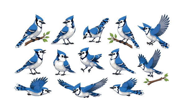 Cute cartoon birds blue jay branches flight poses set, bird, blue jay, jay, branch, twig, leaf, fly, flight, wing, feather, pose,