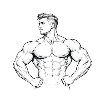 Powerful muscular man body builder torso posture look sketch, man, bodybuilder, muscle, chest, abs, biceps, torso, pose, posture,