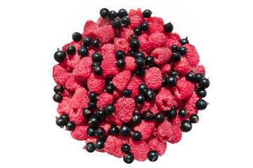 Top view of fresh raspberries and black currants isolated on white background. Heap of summer red and black berries. © Natalia Prasm