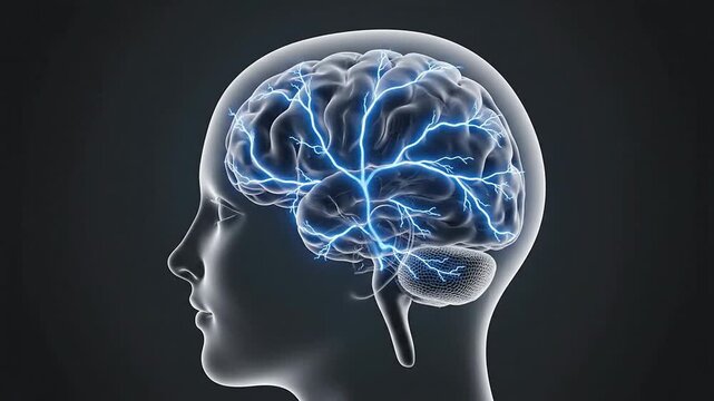 Detailed Visualization Of Human Brain Showing Neurological Pathways And Electric Signals For Concussion Recovery Concept