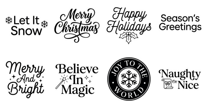 Set of black christmas holiday lettering quotes and typography designs for festive seasonal greeting cards Minimal Typography text bundle collection. Editable Vector Illustration Mega pack