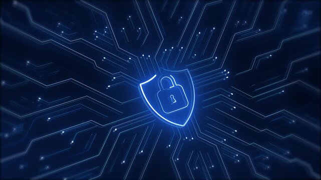 Digital shield data protection background lock symbol, blue circuit paths, glowing secure network style. cyber security promos, privacy explainers, software ads, server protection, tech motion