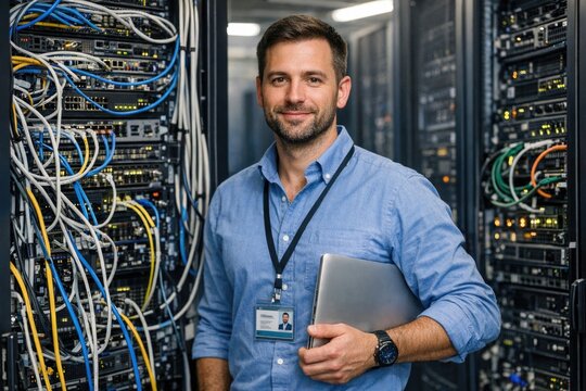 A person sits in front of rows of computer servers, holding a laptop