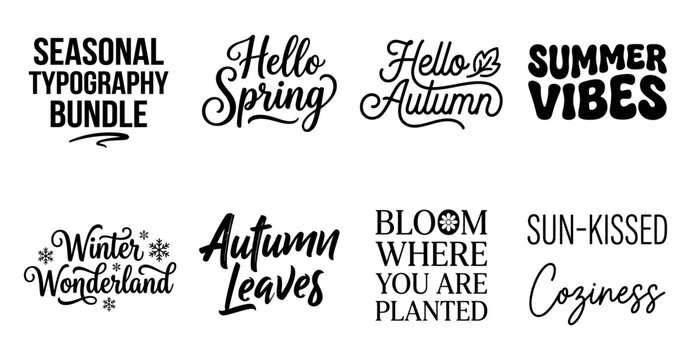 Seasonal typography bundle with calligraphy quotes for spring autumn winter and summer holiday designs Minimal Typography text bundle collection. Editable Vector Illustration Mega pack