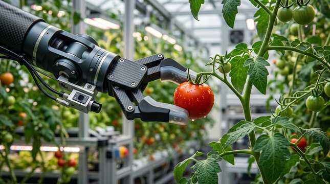 Robotic arm with camera sensor picking ripe tomato in high tech greenhouse, smart farming concept⁠