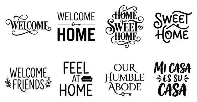 Set of black welcome home and sweet home calligraphy phrases for house warming decorations and wall quotes Minimal Typography text bundle collection. Editable Vector Illustration Mega pack
