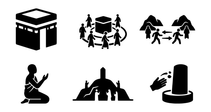 Hajj pilgrimage icons set, Islamic religious rituals vector elements, Kaaba and Mecca pilgrimage symbols for graphic design