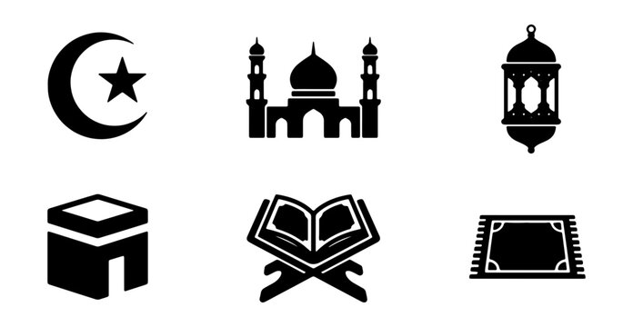 Islamic icon set with 6 black vector symbols, religious mosque and crescent moon illustrations, traditional Ramadan lantern and Quran icons