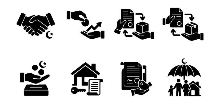 Islamic finance icons set, sharia compliant banking and halal investment symbols, 8 black solid vector glyphs for ethical business and insurance