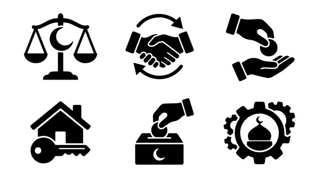 Islamic finance icons set, Sharia compliant banking and halal business symbols, 6 black solid vector icons for Muslim economy and charity