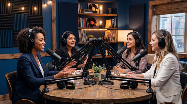 Modern Podcast Studio Scene with Diverse Women Business Speakers Sharing Ideas, Confident Female Professionals Discussing Industry Topics, Leadership, Collaboration, Inspiration 