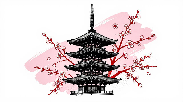 Japanese pagoda illustration with cherry blossoms, traditional black ink temple sketch, pink sakura floral background on white, oriental architecture art