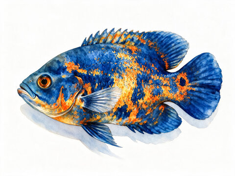 Watercolor Oscar fish illustration, vibrant tropical cichlid with blue and orange scales, hand-painted aquatic wildlife art on white background