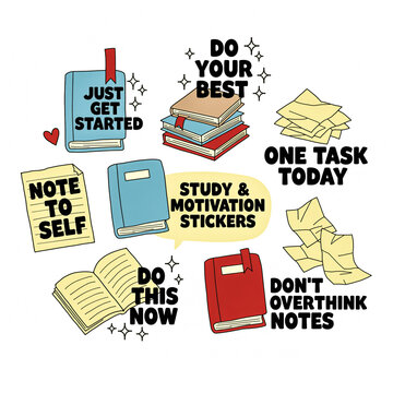 Study and motivation stickers set, hand drawn educational planner icons, inspirational quotes for students and productivity tracking on white background