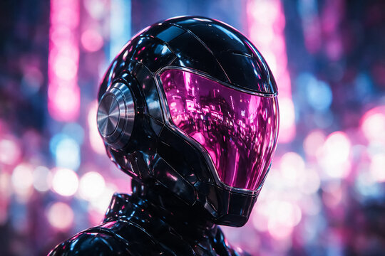 Cyberpunk futuristic helmet with pink visor, sleek black robotic headgear in neon city, sci-fi astronaut pilot armor against bokeh lights