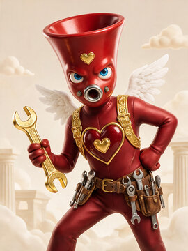 Surreal red cupid mechanic character, whimsical angel repairman with golden wrench, fantasy love fixer mascot with heart chest plate and tool belt