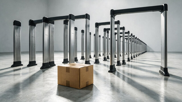 Security metal detector gates in a row with cardboard box, airport checkpoint scanner for luggage inspection, industrial safety screening technology