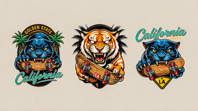 Vintage California skate emblems featuring black panther and tiger mascots, retro skateboarder graphics with wild cat illustrations, set of 3 urban streetwear badges
