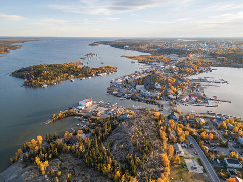Aerial view of Yellowknife Bay and Old Town in Autumn. Yellowknife, Great Slave Lake, Northwest Territories, Canada.