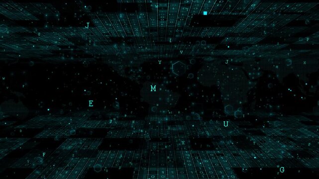 Teal global data matrix animation world map silhouettes, binary tiles, floating characters, futuristic dark space. cyber defense finance tech visuals, AI dashboards, digital communication overlays.