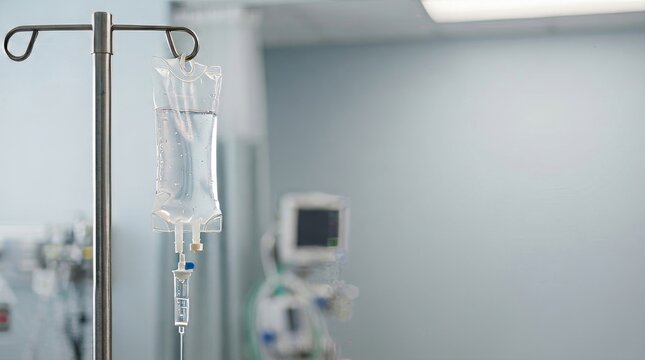 Close up of an IV drip bag hanging on a metal pole in a hospital room. Intravenous saline infusion therapy in a clinical setting