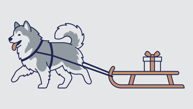 Alaskan Malamute Dog Pulling Winter Sled with Gift Box Vector