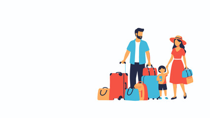 Fototapeta premium Happy family, mother, father, and child, with a pile of colorful luggage, excited for their upcoming summer vacation trip or journey.