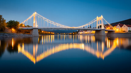 Fototapeta premium Illuminated suspension bridge reflecting on calm river at twilight