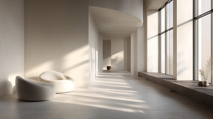 Fototapeta premium Modern architectural interior with curved features, natural light, and minimalist seating