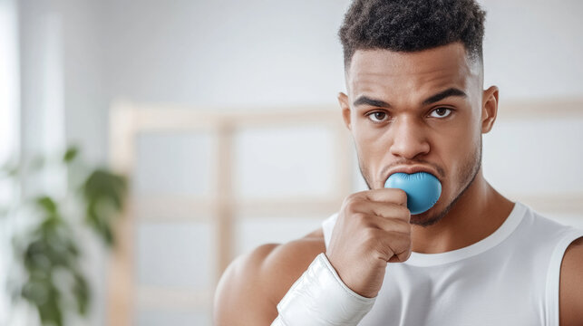 Young african male exercising with ball for jaw and neck strength in gym setting