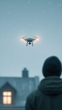 Winter scene: person observing flying drone outdoors in cold weather