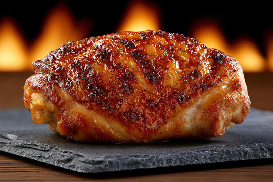 BBQ juicy chicken thigh on fire background
