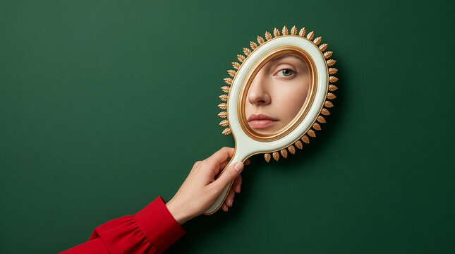 Hand holding ornate oval mirror reflecting woman eye on green background