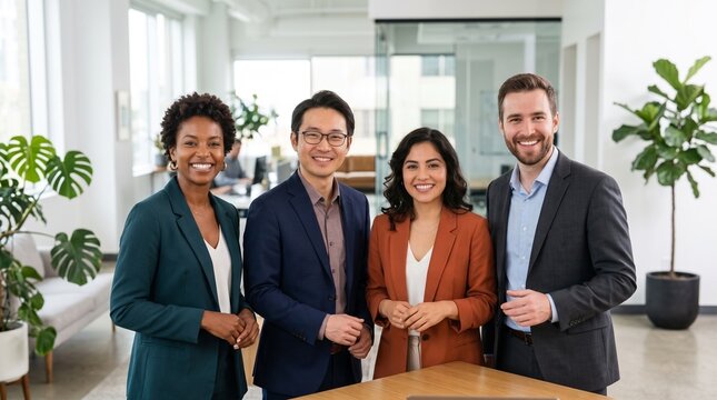 A diverse group of four professionals stand confidently in a modern office setting, smiling at the camera