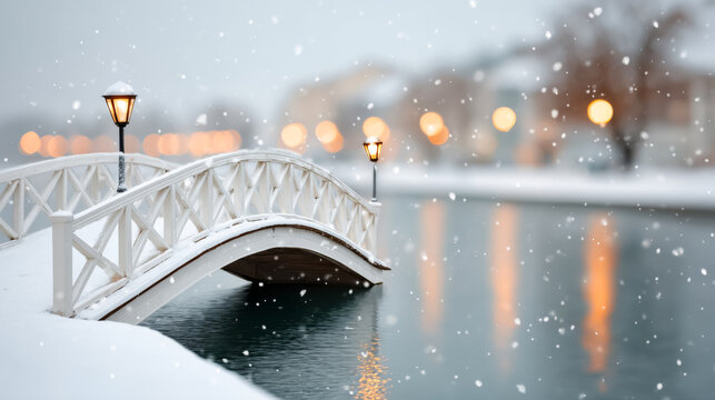 Snow-covered bridge with glowing lamps over calm winter river at dusk