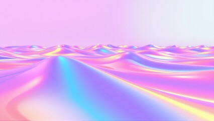 Naklejka premium Abstract landscape, flowing shapes, iridescent colors. Smooth waves create dreamy, futuristic scene. Pink, purple hues dominate.
