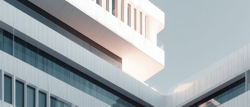 Geometric fa&ccedil;ade detail of modern white office building and blue sky