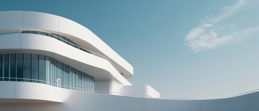 Modern white futuristic building architecture exterior against clear blue sky