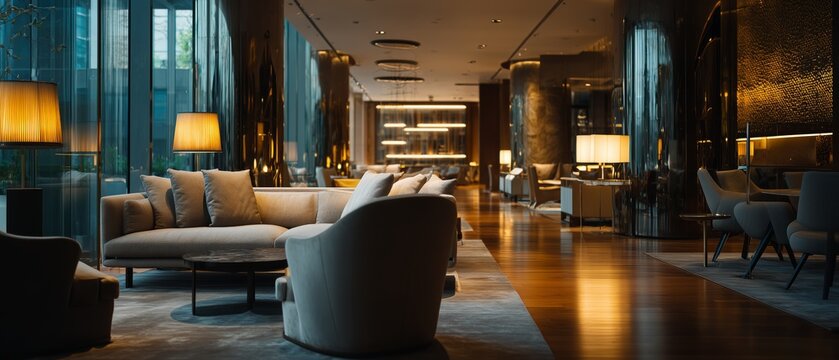 Modern luxury hotel lobby lounge with elegant sofa furniture and warm ambient lighting