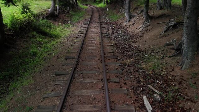 Scenic drone footage flying forward above an old, abandoned railway track surrounded by lush green trees in a mysterious and enchanting forest, pov perspective