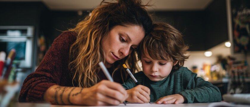 Mother helping her young son with drawing and studying at home