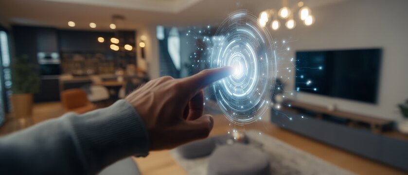 Hand touching virtual futuristic holographic interface in modern living room