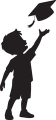 Happy little boy silhouette throwing his graduation cap into the air with joy isolated on transparent background, Vector, illustration
