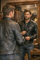 Fototapeta premium A person wearing a leather jacket stands in front of a mirror, ready for a night out