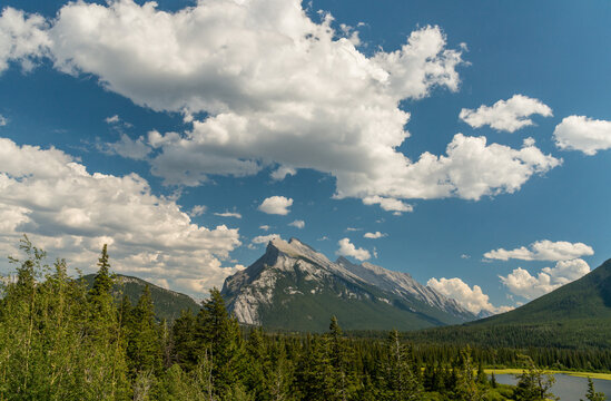 Canada, Alberta, Banff National Park.  Mount Rundle and rising to an altitude of 2,948 meters (9,672 feet), above the Bow Valley.